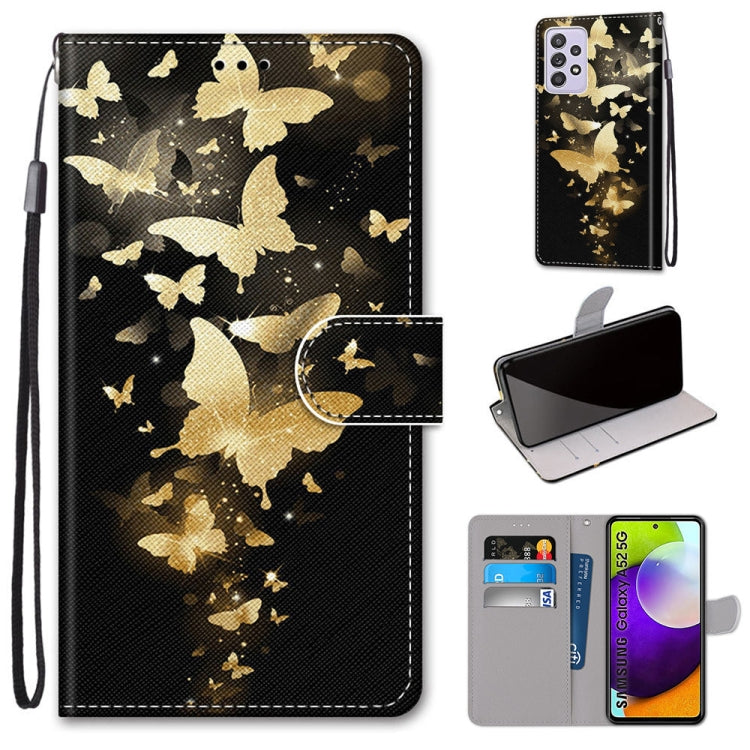For Samsung Galaxy A52 5G / 4G Coloured Drawing Cross Texture Horizontal Flip PU Leather Case with Holder & Card Slots & Wallet & Lanyard(Golden Butterfly Group)