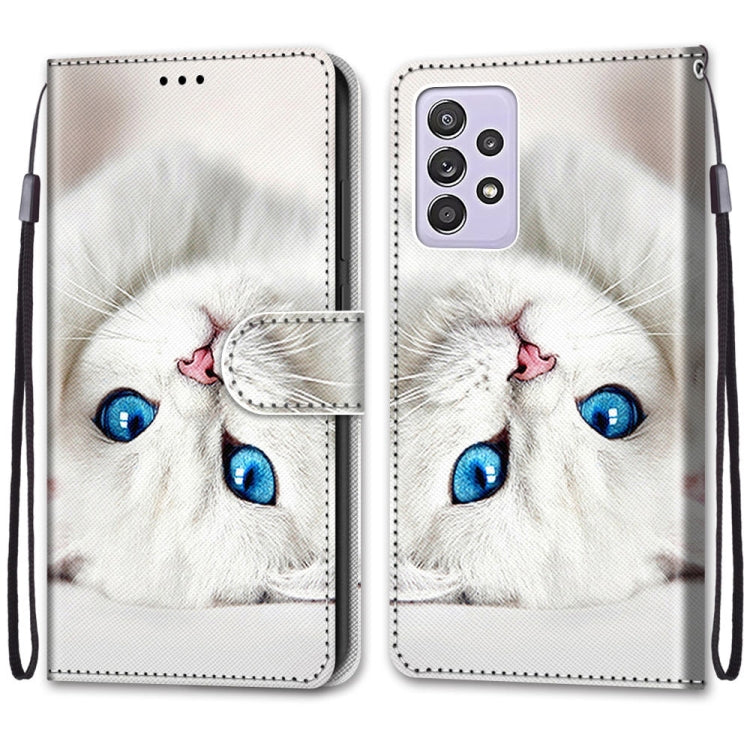 For Samsung Galaxy A52 5G / 4G Coloured Drawing Cross Texture Horizontal Flip PU Leather Case with Holder & Card Slots & Wallet & Lanyard(White Kitten)