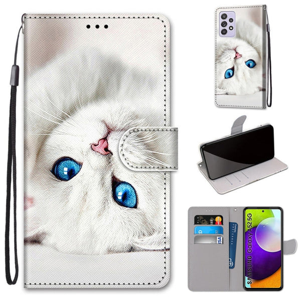 For Samsung Galaxy A52 5G / 4G Coloured Drawing Cross Texture Horizontal Flip PU Leather Case with Holder & Card Slots & Wallet & Lanyard(White Kitten)