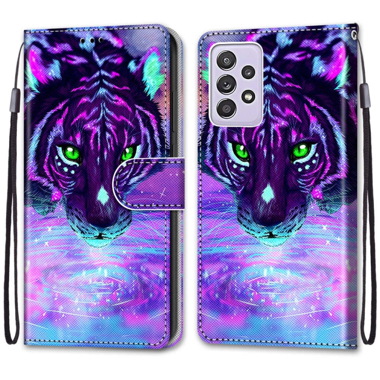 For Samsung Galaxy A52 5G / 4G Coloured Drawing Cross Texture Horizontal Flip PU Leather Case with Holder & Card Slots & Wallet & Lanyard(Tiger Drinking Water)