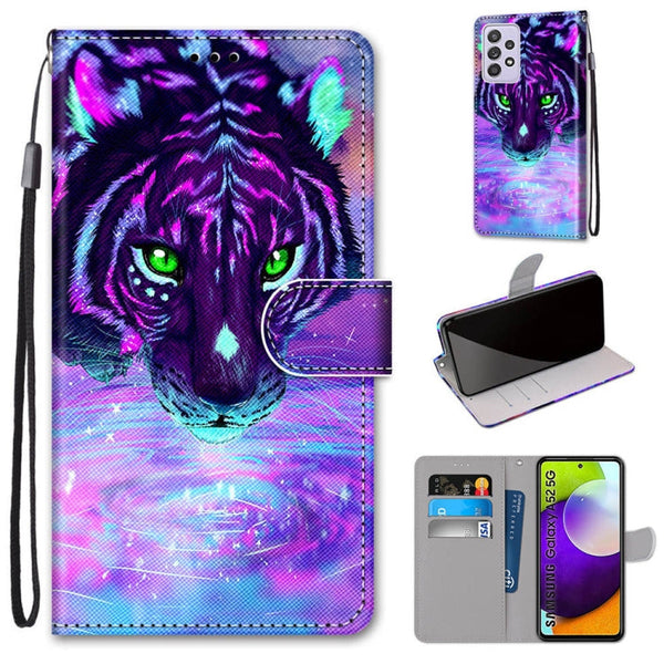 For Samsung Galaxy A52 5G / 4G Coloured Drawing Cross Texture Horizontal Flip PU Leather Case with Holder & Card Slots & Wallet & Lanyard(Tiger Drinking Water)