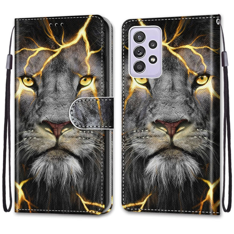 For Samsung Galaxy A52 5G / 4G Coloured Drawing Cross Texture Horizontal Flip PU Leather Case with Holder & Card Slots & Wallet & Lanyard(Fission Lion)