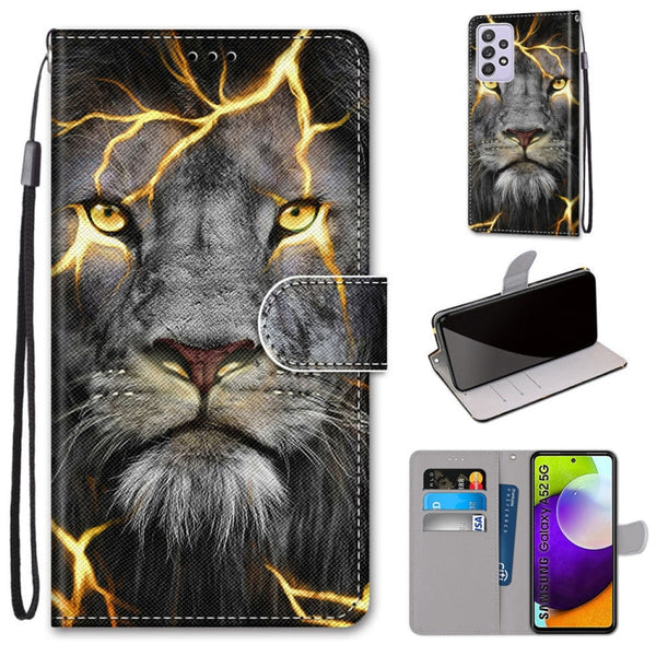 For Samsung Galaxy A52 5G / 4G Coloured Drawing Cross Texture Horizontal Flip PU Leather Case with Holder & Card Slots & Wallet & Lanyard(Fission Lion)