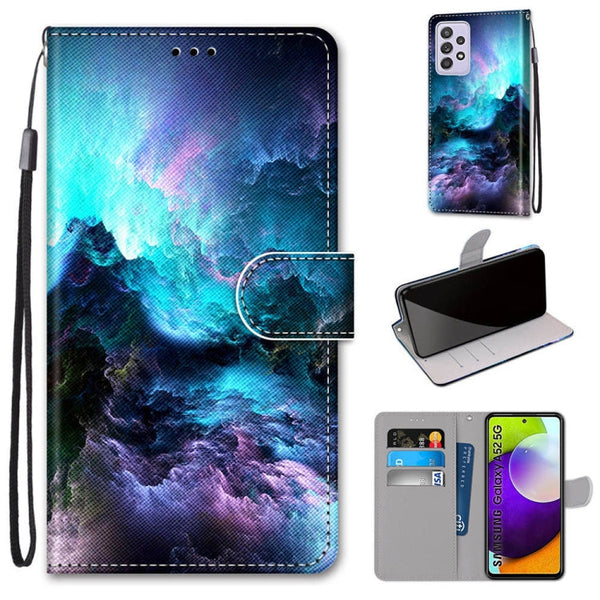 For Samsung Galaxy A52 5G / 4G Coloured Drawing Cross Texture Horizontal Flip PU Leather Case with Holder & Card Slots & Wallet & Lanyard(Colorful Clouds)