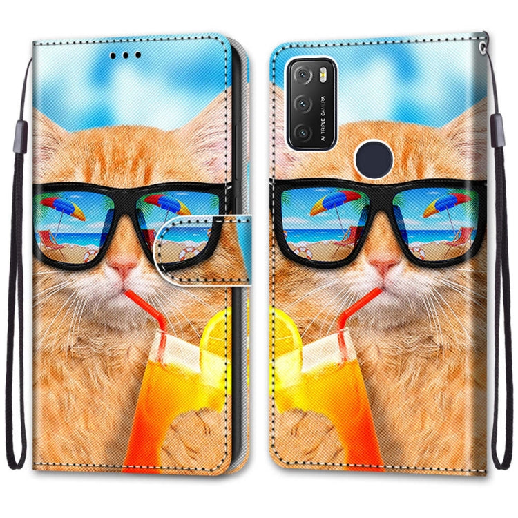 For Alcatel 1S 2021 / 3L 2021 Coloured Drawing Cross Texture Horizontal Flip PU Leather Case with Holder & Card Slots & Wallet & Lanyard(Cat Drinking Soda)