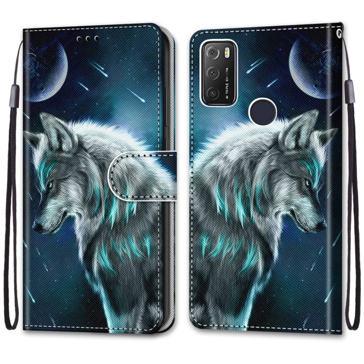 For Alcatel 1S 2021 / 3L 2021 Coloured Drawing Cross Texture Horizontal Flip PU Leather Case with Holder & Card Slots & Wallet & Lanyard(Pensive Wolf)