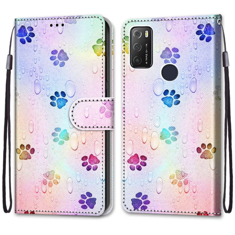 For Alcatel 1S 2021 / 3L 2021 Coloured Drawing Cross Texture Horizontal Flip PU Leather Case with Holder & Card Slots & Wallet & Lanyard(Footprint Water Drops)