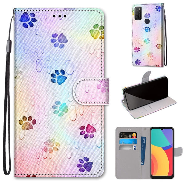 For Alcatel 1S 2021 / 3L 2021 Coloured Drawing Cross Texture Horizontal Flip PU Leather Case with Holder & Card Slots & Wallet & Lanyard(Footprint Water Drops)
