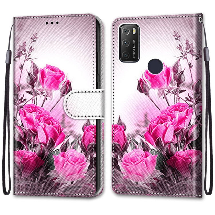 For Alcatel 1S 2021 / 3L 2021 Coloured Drawing Cross Texture Horizontal Flip PU Leather Case with Holder & Card Slots & Wallet & Lanyard(Wild Rose)