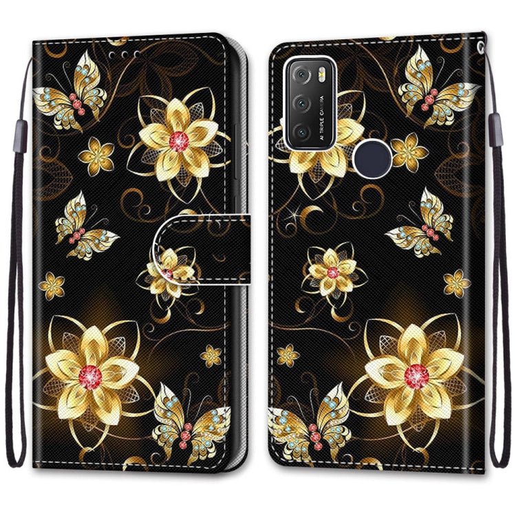 For Alcatel 1S 2021 / 3L 2021 Coloured Drawing Cross Texture Horizontal Flip PU Leather Case with Holder & Card Slots & Wallet & Lanyard(Gold Diamond Butterfly)