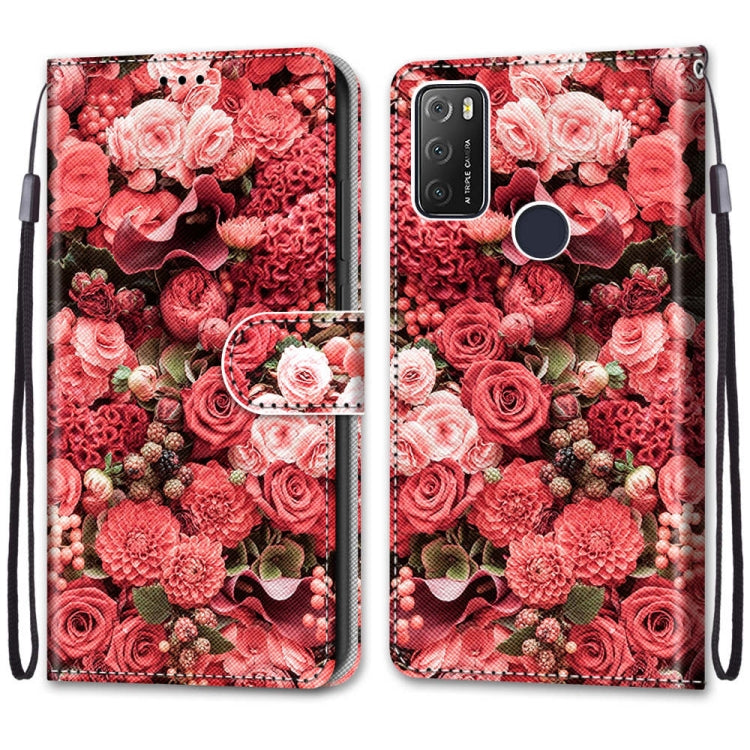 For Alcatel 1S 2021 / 3L 2021 Coloured Drawing Cross Texture Horizontal Flip PU Leather Case with Holder & Card Slots & Wallet & Lanyard(Pink Rose Garden)
