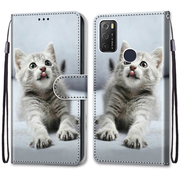 For Alcatel 1S 2021 / 3L 2021 Coloured Drawing Cross Texture Horizontal Flip PU Leather Case with Holder & Card Slots & Wallet & Lanyard(Small Gray Cat)