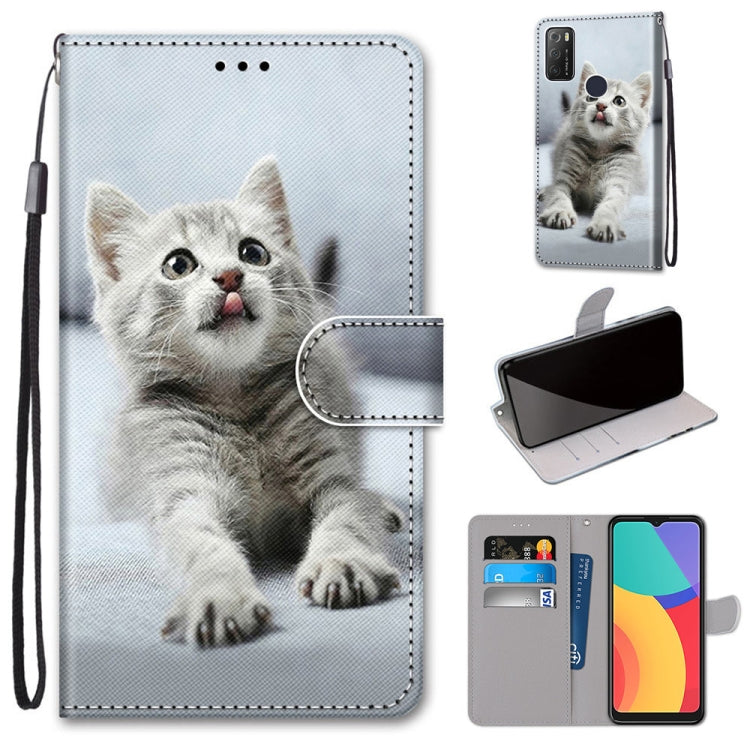 For Alcatel 1S 2021 / 3L 2021 Coloured Drawing Cross Texture Horizontal Flip PU Leather Case with Holder & Card Slots & Wallet & Lanyard(Small Gray Cat)