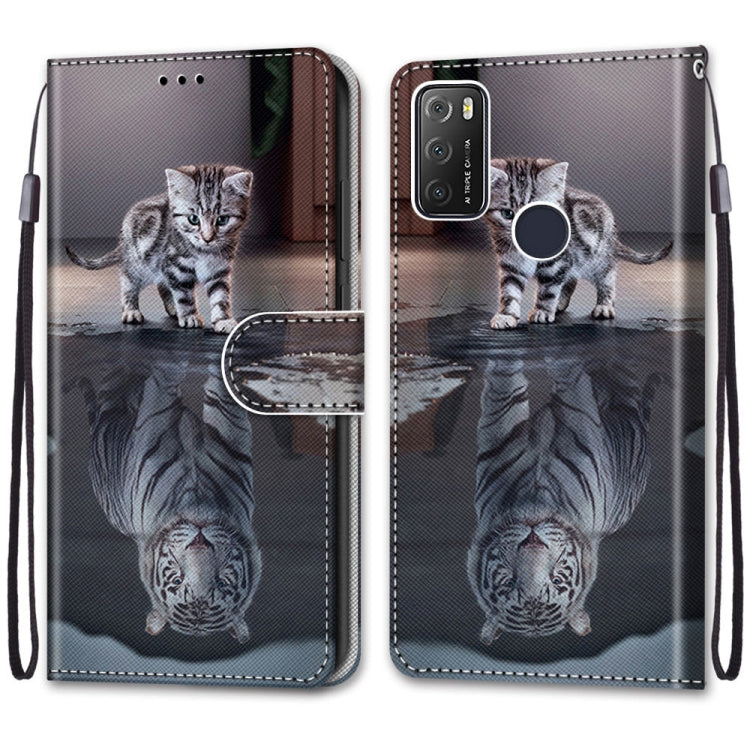 For Alcatel 1S 2021 / 3L 2021 Coloured Drawing Cross Texture Horizontal Flip PU Leather Case with Holder & Card Slots & Wallet & Lanyard(Cat Becomes Tiger)