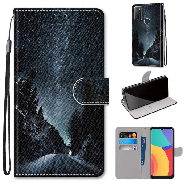 For Alcatel 1S 2021 / 3L 2021 Coloured Drawing Cross Texture Horizontal Flip PU Leather Case with Holder & Card Slots & Wallet & Lanyard(Mountain Road Starry Sky)
