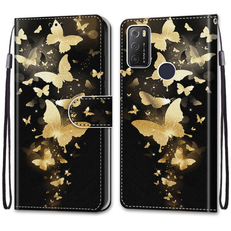For Alcatel 1S 2021 / 3L 2021 Coloured Drawing Cross Texture Horizontal Flip PU Leather Case with Holder & Card Slots & Wallet & Lanyard(Golden Butterfly Group)