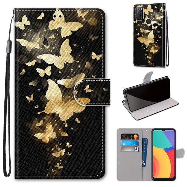 For Alcatel 1S 2021 / 3L 2021 Coloured Drawing Cross Texture Horizontal Flip PU Leather Case with Holder & Card Slots & Wallet & Lanyard(Golden Butterfly Group)