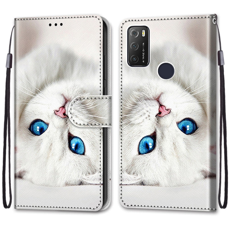 For Alcatel 1S 2021 / 3L 2021 Coloured Drawing Cross Texture Horizontal Flip PU Leather Case with Holder & Card Slots & Wallet & Lanyard(White Kitten)