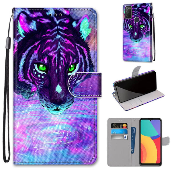 For Alcatel 1S 2021 / 3L 2021 Coloured Drawing Cross Texture Horizontal Flip PU Leather Case with Holder & Card Slots & Wallet & Lanyard(Tiger Drinking Water)