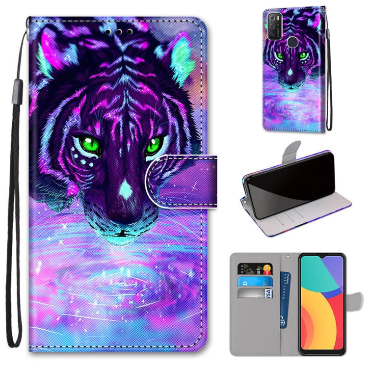 For Alcatel 1S 2021 / 3L 2021 Coloured Drawing Cross Texture Horizontal Flip PU Leather Case with Holder & Card Slots & Wallet & Lanyard(Tiger Drinking Water)