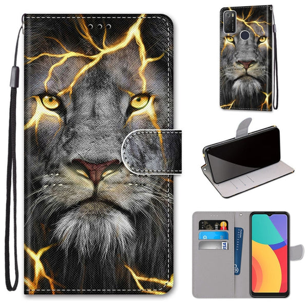For Alcatel 1S 2021 / 3L 2021 Coloured Drawing Cross Texture Horizontal Flip PU Leather Case with Holder & Card Slots & Wallet & Lanyard(Fission Lion)