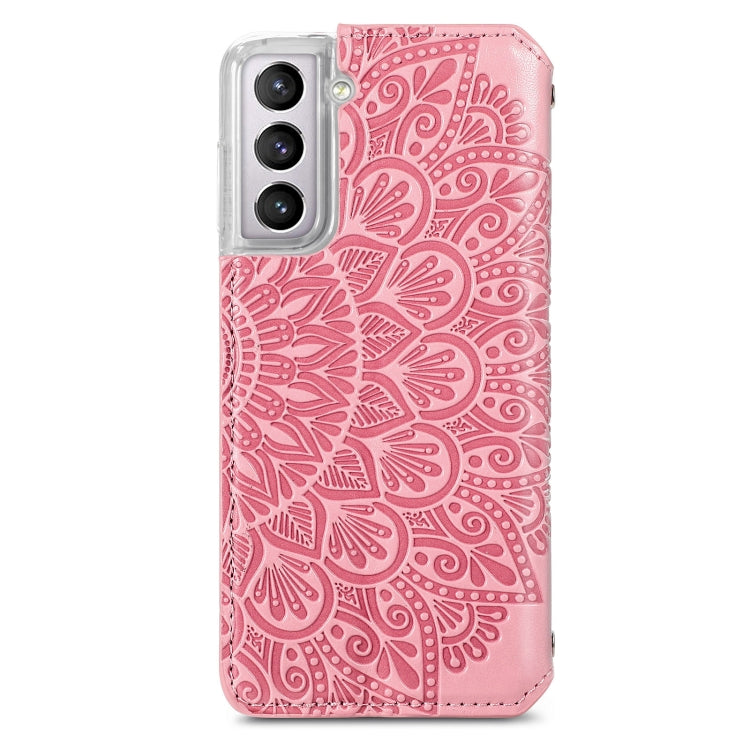 For Samsung Galaxy S21 5G Blooming Mandala Embossed Pattern Magnetic Horizontal Flip Leather Case with Holder & Card Slots & Wallet(Pink)