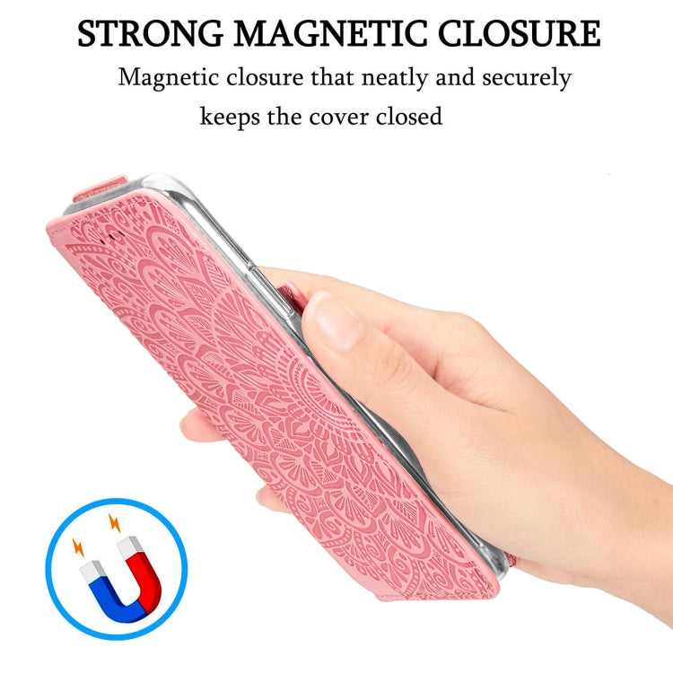 For Samsung Galaxy S21 5G Blooming Mandala Embossed Pattern Magnetic Horizontal Flip Leather Case with Holder & Card Slots & Wallet(Pink)