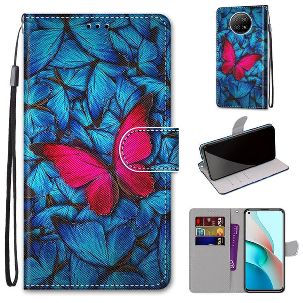 For Xiaomi Redmi Note 9 5G / Note 9T Coloured Drawing Cross Texture Horizontal Flip PU Leather Case with Holder & Card Slots & Wallet & Lanyard(Blue Red Butterfly)