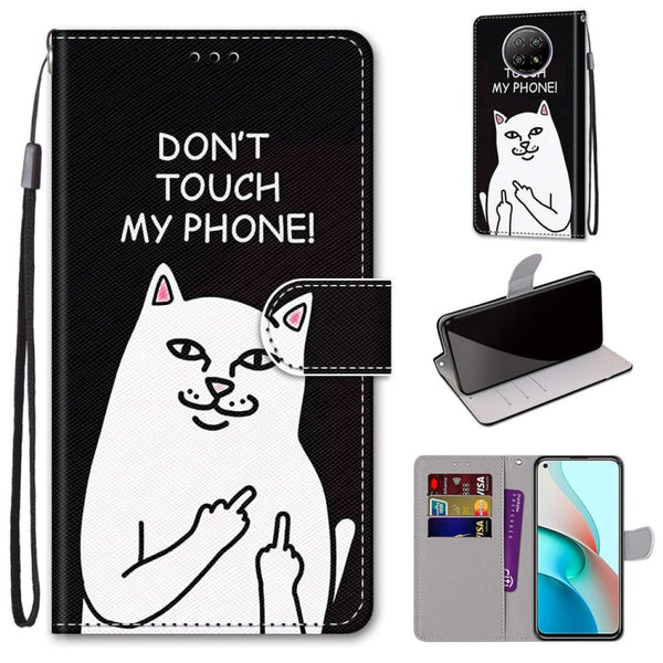 For Xiaomi Redmi Note 9 5G / Note 9T Coloured Drawing Cross Texture Horizontal Flip PU Leather Case with Holder & Card Slots & Wallet & Lanyard(Middle Finger White Cat)