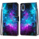 For Samsung Galaxy A02 / M02 Coloured Drawing Cross Texture Horizontal Flip PU Leather Case with Holder & Card Slots & Wallet & Lanyard(Purple Green Starry Sky)