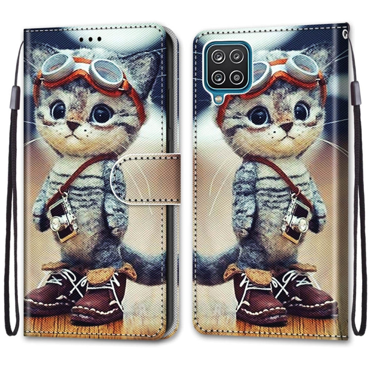 For Samsung Galaxy A12 / M12 Coloured Drawing Cross Texture Horizontal Flip PU Leather Case with Holder & Card Slots & Wallet & Lanyard(Leather Shoes Cat)