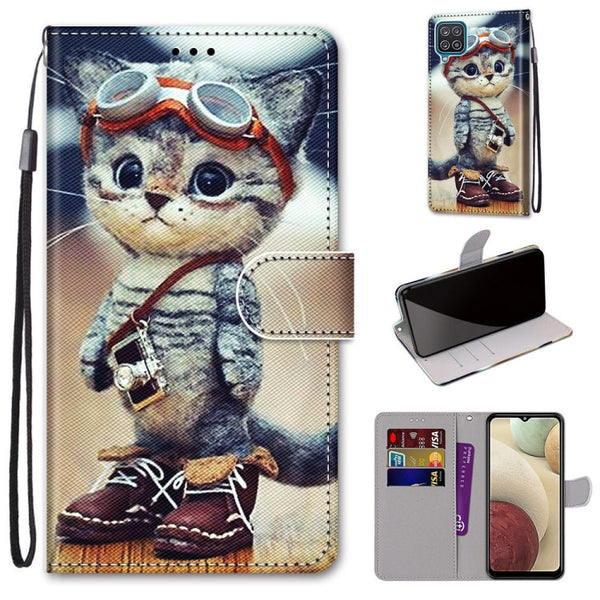 For Samsung Galaxy A12 / M12 Coloured Drawing Cross Texture Horizontal Flip PU Leather Case with Holder & Card Slots & Wallet & Lanyard(Leather Shoes Cat)