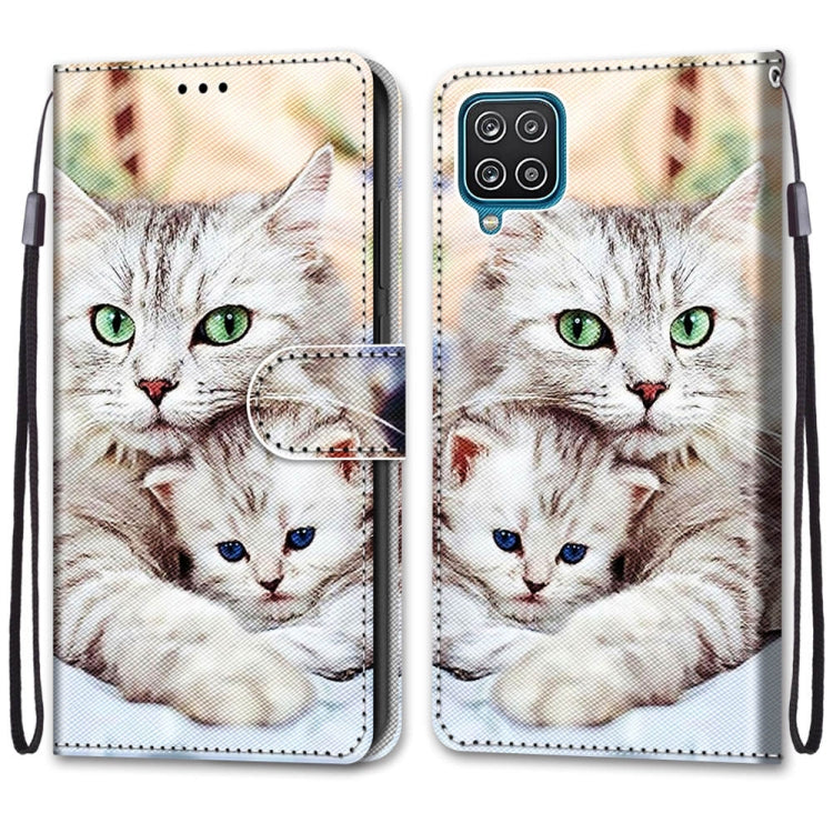 For Samsung Galaxy A12 / M12 Coloured Drawing Cross Texture Horizontal Flip PU Leather Case with Holder & Card Slots & Wallet & Lanyard(Big Cat Holding Kitten)