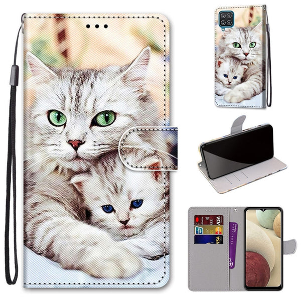 For Samsung Galaxy A12 / M12 Coloured Drawing Cross Texture Horizontal Flip PU Leather Case with Holder & Card Slots & Wallet & Lanyard(Big Cat Holding Kitten)