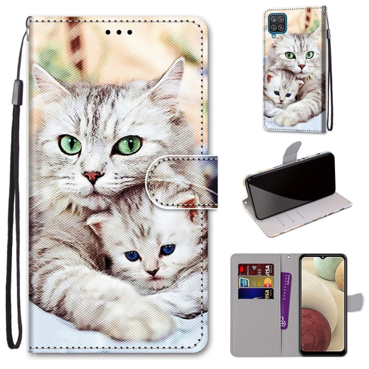 For Samsung Galaxy A12 / M12 Coloured Drawing Cross Texture Horizontal Flip PU Leather Case with Holder & Card Slots & Wallet & Lanyard(Big Cat Holding Kitten)