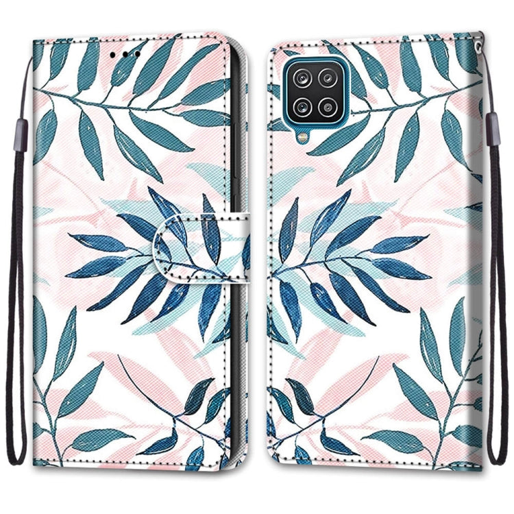 For Samsung Galaxy A12 / M12 Coloured Drawing Cross Texture Horizontal Flip PU Leather Case with Holder & Card Slots & Wallet & Lanyard(Pink Green Leaf)
