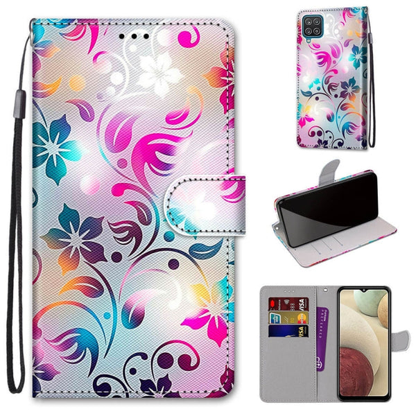 For Samsung Galaxy A12 / M12 Coloured Drawing Cross Texture Horizontal Flip PU Leather Case with Holder & Card Slots & Wallet & Lanyard(Gradient Colorful Flower)