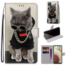 For Samsung Galaxy A12 / M12 Coloured Drawing Cross Texture Horizontal Flip PU Leather Case with Holder & Card Slots & Wallet & Lanyard(Golden Chain Grey Cat)