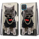 For Samsung Galaxy A12 / M12 Coloured Drawing Cross Texture Horizontal Flip PU Leather Case with Holder & Card Slots & Wallet & Lanyard(Golden Chain Grey Cat)