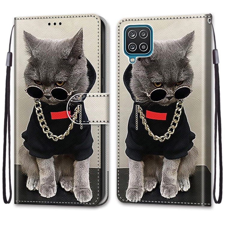 For Samsung Galaxy A12 / M12 Coloured Drawing Cross Texture Horizontal Flip PU Leather Case with Holder & Card Slots & Wallet & Lanyard(Golden Chain Grey Cat)