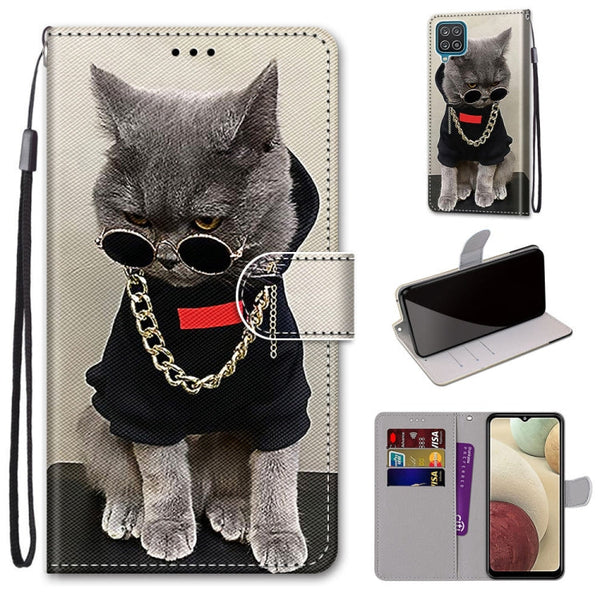 For Samsung Galaxy A12 / M12 Coloured Drawing Cross Texture Horizontal Flip PU Leather Case with Holder & Card Slots & Wallet & Lanyard(Golden Chain Grey Cat)