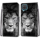 For Samsung Galaxy A12 / M12 Coloured Drawing Cross Texture Horizontal Flip PU Leather Case with Holder & Card Slots & Wallet & Lanyard(Black White Lion Head)
