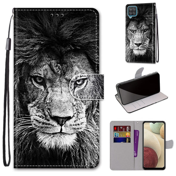 For Samsung Galaxy A12 / M12 Coloured Drawing Cross Texture Horizontal Flip PU Leather Case with Holder & Card Slots & Wallet & Lanyard(Black White Lion Head)