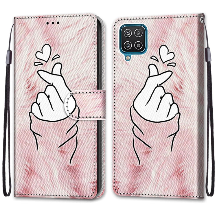 For Samsung Galaxy A12 / M12 Coloured Drawing Cross Texture Horizontal Flip PU Leather Case with Holder & Card Slots & Wallet & Lanyard(Pink Hands Heart)