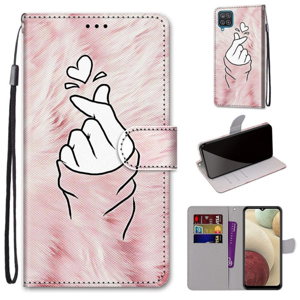 For Samsung Galaxy A12 / M12 Coloured Drawing Cross Texture Horizontal Flip PU Leather Case with Holder & Card Slots & Wallet & Lanyard(Pink Hands Heart)