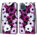 For Samsung Galaxy A12 / M12 Coloured Drawing Cross Texture Horizontal Flip PU Leather Case with Holder & Card Slots & Wallet & Lanyard(Chrysanthemum Pink White Purple)