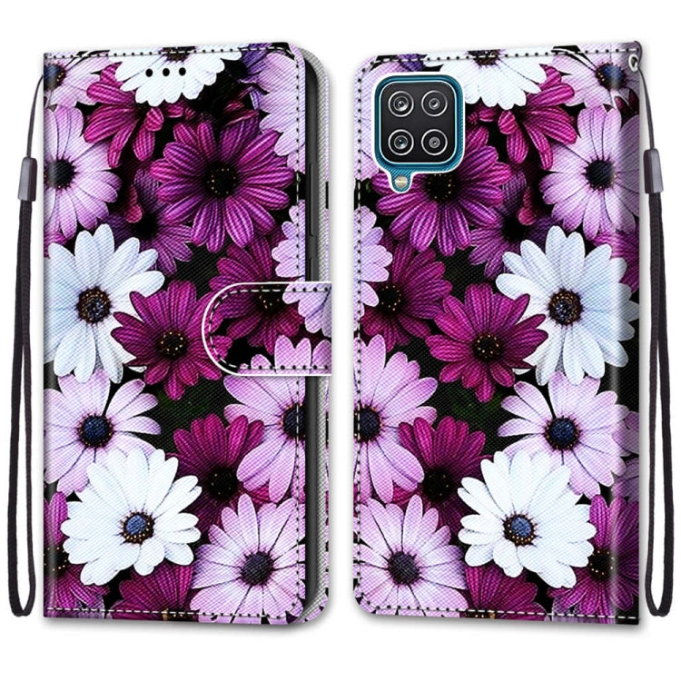 For Samsung Galaxy A12 / M12 Coloured Drawing Cross Texture Horizontal Flip PU Leather Case with Holder & Card Slots & Wallet & Lanyard(Chrysanthemum Pink White Purple)