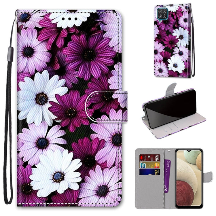 For Samsung Galaxy A12 / M12 Coloured Drawing Cross Texture Horizontal Flip PU Leather Case with Holder & Card Slots & Wallet & Lanyard(Chrysanthemum Pink White Purple)
