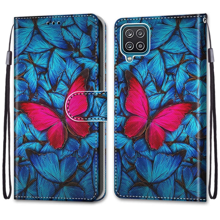 For Samsung Galaxy A12 / M12 Coloured Drawing Cross Texture Horizontal Flip PU Leather Case with Holder & Card Slots & Wallet & Lanyard(Blue Red Butterfly)