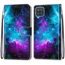 For Samsung Galaxy A12 / M12 Coloured Drawing Cross Texture Horizontal Flip PU Leather Case with Holder & Card Slots & Wallet & Lanyard(Purple Green Starry Sky)